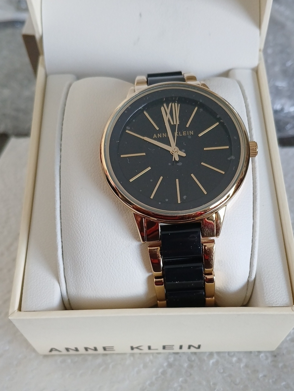 Anne Klein Black and Gold Round Dial Bracelet Watch
